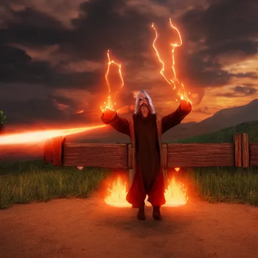 Image similar to A wizard launching a fireball at a wooden gate, 4k, highly detailed, octane render
