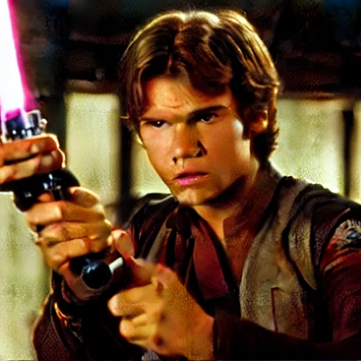 Image similar to A full color still from a film of a teenage Han Solo as a Jedi padawan holding a lightsaber hilt, from The Phantom Menace, directed by Steven Spielberg, 35mm 1990