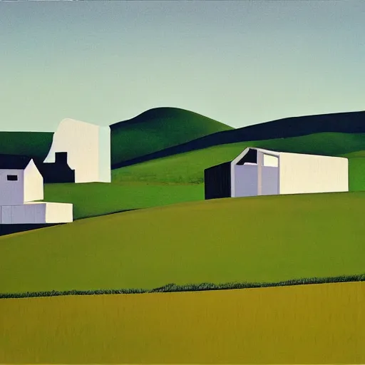 Image similar to dreaming futuristic rural landscape with modern houses, painted by Alex Katz and Edward Hopper, airbrush, highly detailed