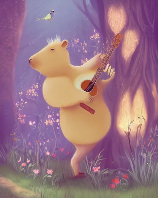 Image similar to Capybara playing Guitar in magical forest, portrait, wearing flower crown, magical notes, flowers, flower dress, birds, fairy atmosphere, magic the gathering artwork, D&D, fantasy, cinematic lighting, centered, symmetrical, highly detailed, digital painting, artstation, concept art, smooth, sharp focus, illustration, volumetric lighting, epic Composition, 8k, art by Akihiko Yoshida and Greg Rutkowski and Craig Mullins, oil painting, cgsociety