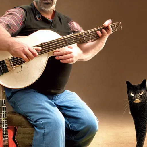 Image similar to redneck cat playing banjo, 8 k, movie still,