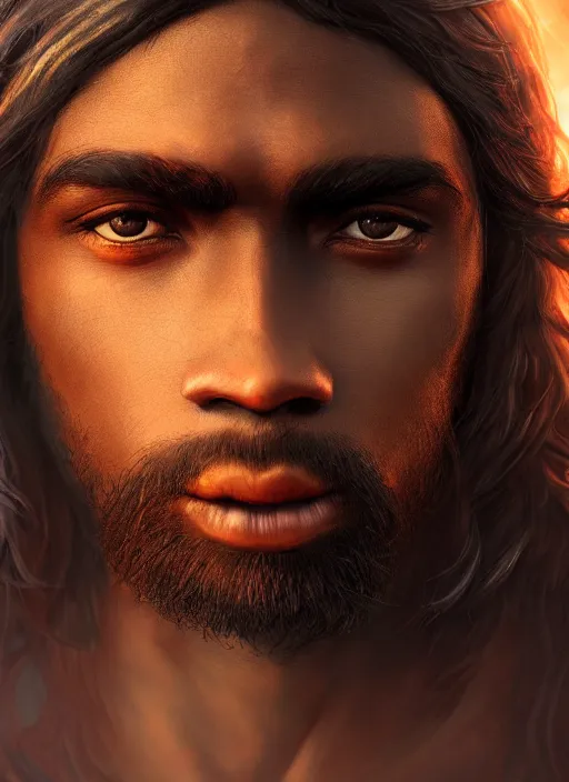 Image similar to An epic fantasy comic book style portrait painting of a dark skinned long haired boy peasant with intelligent eyes, unreal 5, DAZ, hyperrealistic, octane render, cosplay, RPG portrait, dynamic lighting