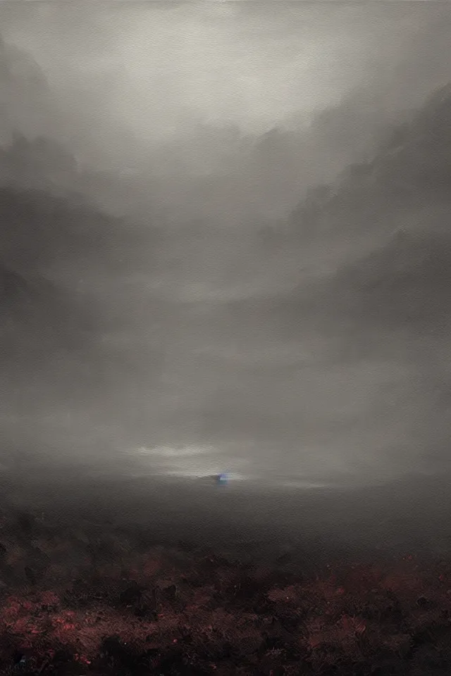 Prompt: “a painting of a dark foggy marsh landscape, a detailed matte painting by Artem Demura, artstation hq, matte painting, volumetric lighting”