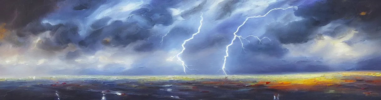 Prompt: lightning in the distance epic landscape painting heavy brushstrokes thick oil paint smears ultrawide