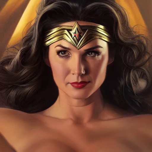 Image similar to a portrait of young Lynda Carter as Wonder woman , detailed, centered, digital painting, artstation, concept art, donato giancola, Joseph Christian Leyendecker, WLOP, Boris Vallejo, Breathtaking, 8k resolution, extremely detailed, beautiful, establishing shot, artistic, hyperrealistic, beautiful face, octane render