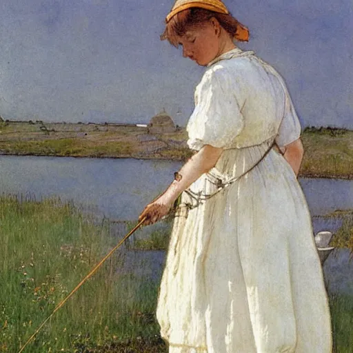 Image similar to a woman wearing a white dress fishing, by Carl larsson