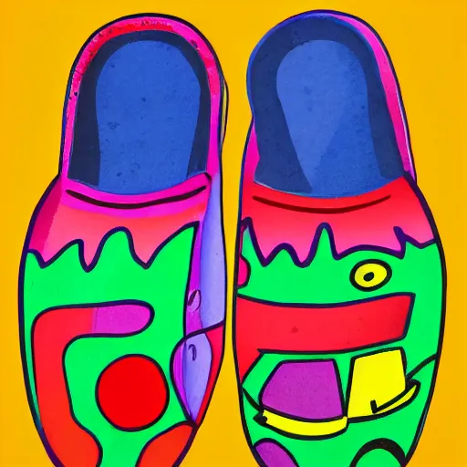 Image similar to retro, hd illustration of crocs shoes, inspired by watercolor masterpieces, matisse, malevich, david hockney, keith haring, colorful, happy, trending on artstation, 4 k