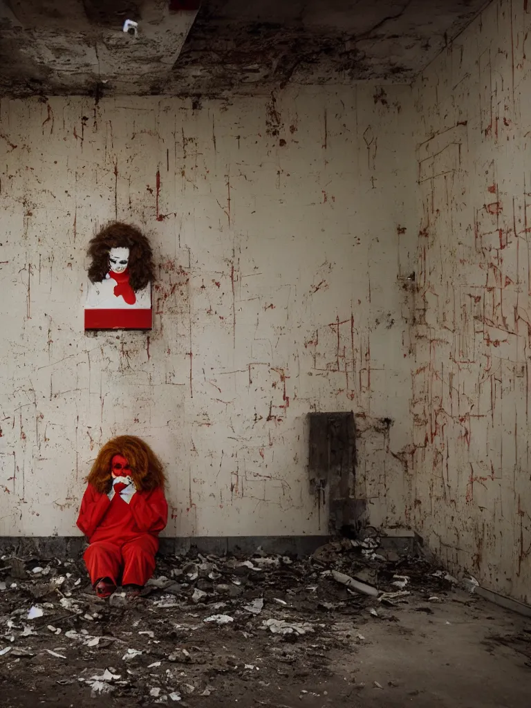 Prompt: a long shot of a crying ronald mcdonald sitting in the corner of an abandoned mcdonald's in 1 9 8 5 during golden hour.