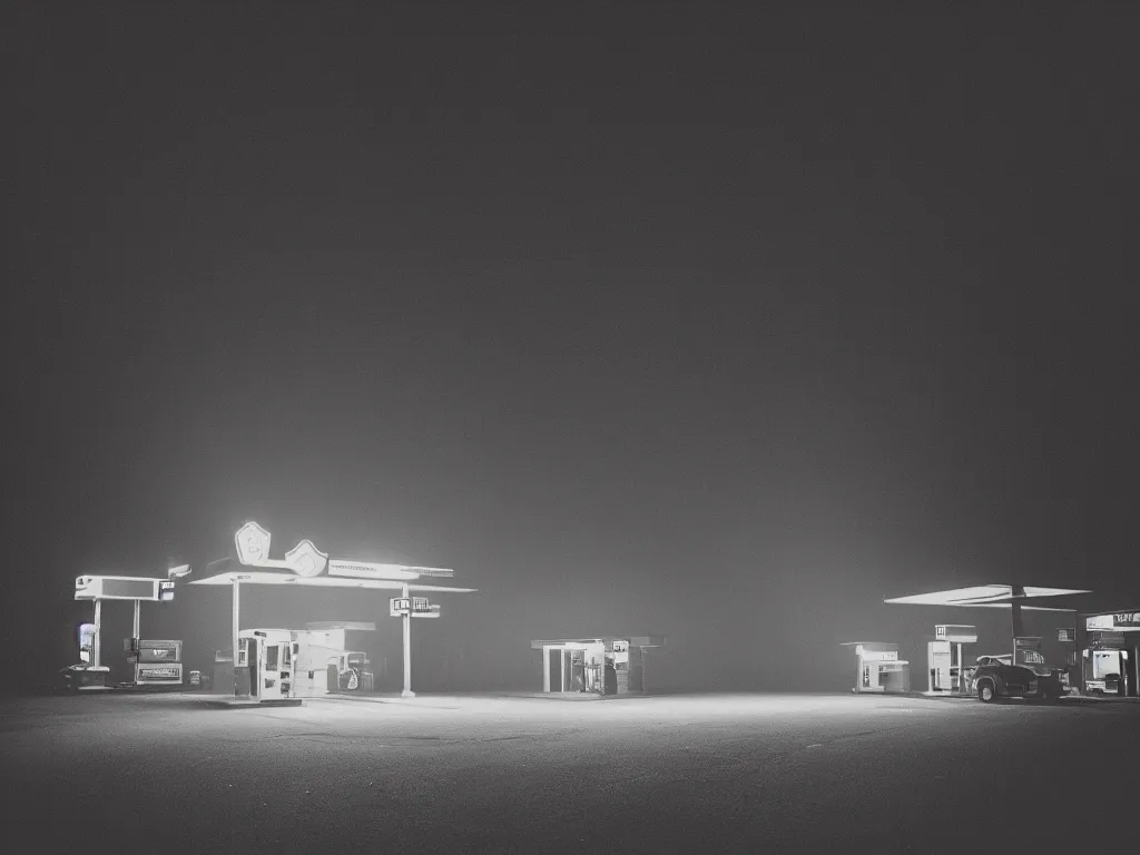 Image similar to “35mm film photography of gas station surrounded by forest, fog, night, mood, cinestill 800t, grain”