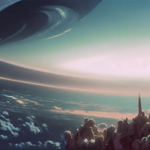 Image similar to beautiful matte painting of a dreamy ocean with clouds, sci - fi, daylight, blue sky, cinematic lighting, cinematic perspective big black planet above, syd mead, john harris, federico pelat, detailed, 4 k, hd