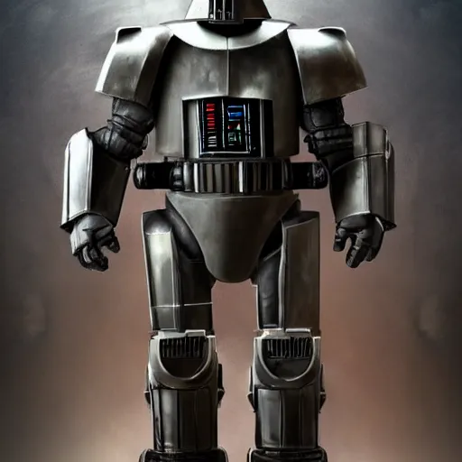 Image similar to huge power armor with servos from fallout in the style of Darth Vader from star wars in full body, realism, depth of field, focus on darth vader,