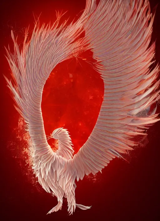 Image similar to white phoenix orange pink salt crystals sharp detail 3d render simple background sharp contrast feathers graphic design fai khadra gaika style