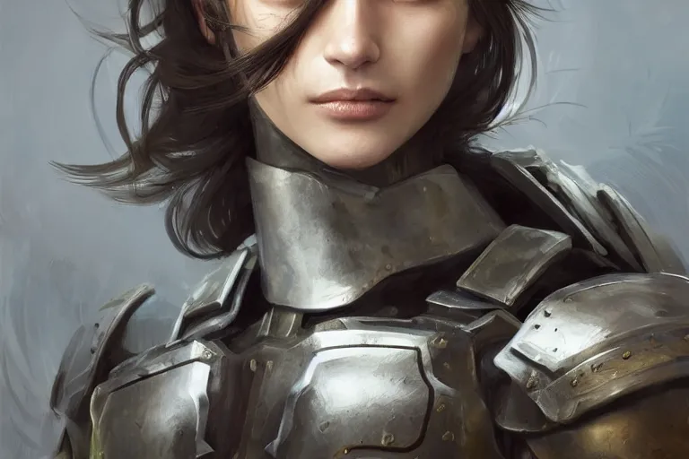 Image similar to a full-face portrait of an attractive young woman, clothed in battle armor, olive skin, long dark hair, beautiful bone structure, symmetrical facial features, intricate, elegant, highly detailed, digital painting, trending on Artstation, concept art, smooth, sharp focus, illustration, from Metal Gear by Ruan Jia and Mandy Jurgens and Artgerm and and william-adolphe bouguerea, award winning