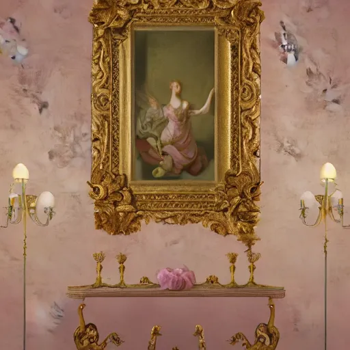 Image similar to 8k, octane render, realism, tonalism, renaissance, rococo, baroque, renaissance art studio, pale pink flowers, gold leaf flowers