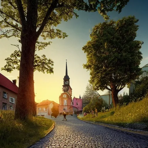 Image similar to a beautiful hyper realistic photo of banska stiavnica in summer, cobblestone pavement, with old houses and few trees in sunset, sky, ufo in sky, v - ray, octane render, unreal engine, by greg rutkowski and james gurney, artstation