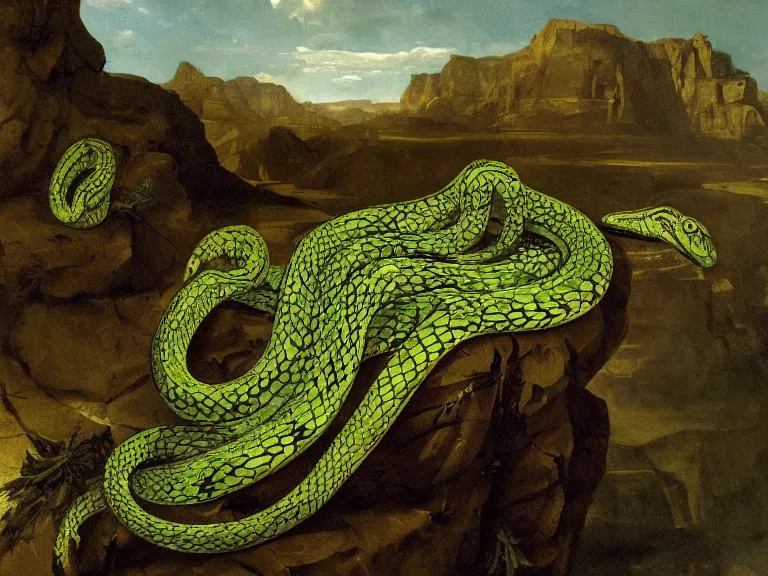 Prompt: an oil painting of a great snake with vivid green scales in a cracked desert by carl spitzweg and tuomas korpi. baroque elements, full-length view. baroque element. intricate artwork by caravaggio. Trending on artstation. 8k