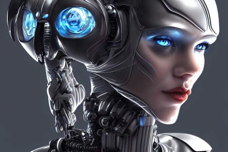 Image similar to ultra detailed evil portrait of a futuristic robotic cyborg female render by Liudmila Kirdiashkina, 3D, Sergey, hyper detailed, Artgerm, helmet, wires, cyberpunk, trending on artstation