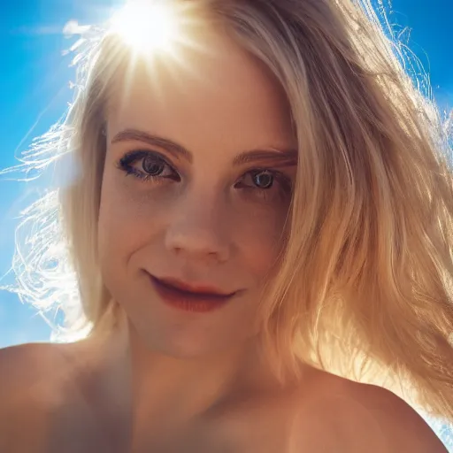 Image similar to a beautiful photo of a very beautiful blonde woman with her head slightly tilted backwards, a sunshine ray across her face, close - up, hyper detailed, high contrast, bokeh background, realistic, 3 5 mm, 4 k