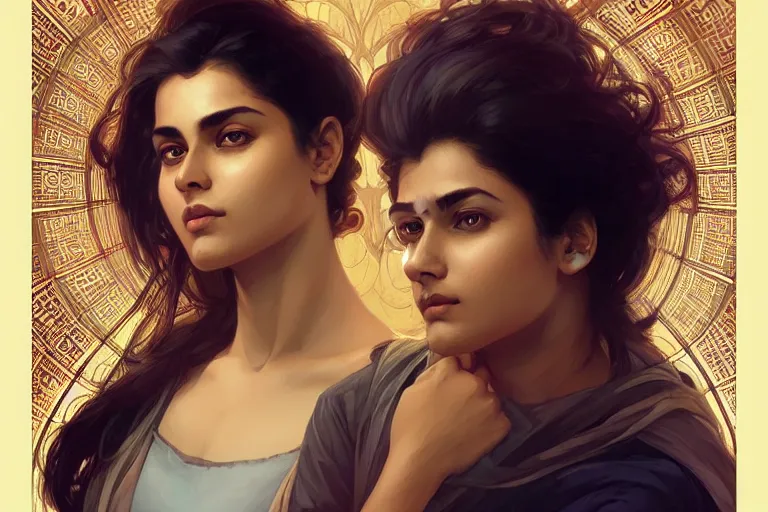 Image similar to Sensual good looking pale young Indian doctors wearing jeans in a space elevator above Earth, portrait, elegant, intricate, digital painting, artstation, concept art, smooth, sharp focus, illustration, art by artgerm and greg rutkowski and alphonse mucha