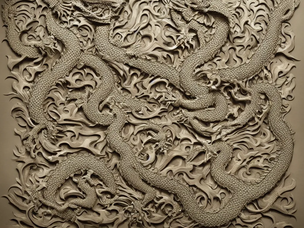 Image similar to dragon ivory wall carving,intricate fractal abstraction, artstation, John Kenn Mortensen, Mat Collishaw, complex, ultradetailed and intricate, high resolution