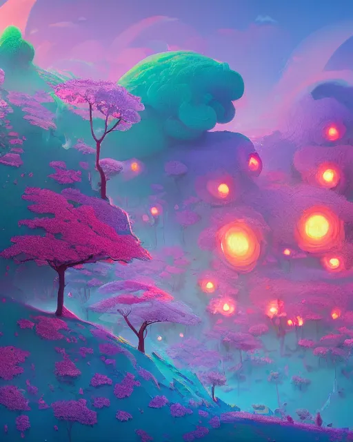 Image similar to candyland landscape | candies desserts cherry - blossoms | highly detailed | very intricate | fantasy whimsical magical | soft bright natural morning light | pixar | award - winning | matte painting by anton fadeev and paul lehr and rhads and alena aenami | pastel color palette | featured on artstation