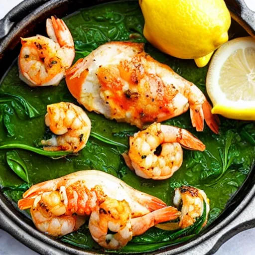 Image similar to a photograph of shrimp and spinach stuffed chicken with lemons