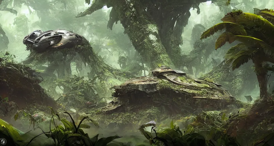 Prompt: crushed alien spaceship in jungle, concept art by darek zabrocki, tyler edlin, jordan grimmer, neil blevins, james paick, natasha tan, highly detailed, ultra detailed, ultra realistic, trending on artstation