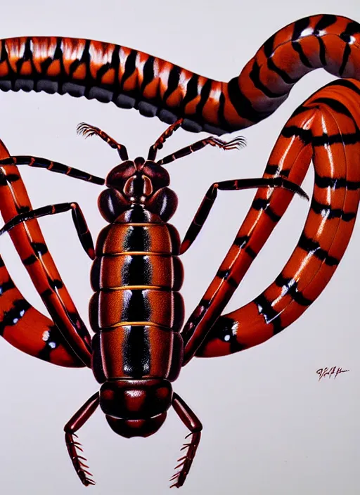 Image similar to beautiful matte airbrush portrait of a scolopendra on a white background, 8 0's airbrush aesthetic, art by pater sato