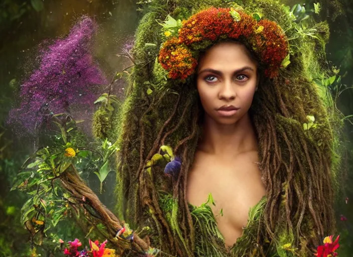 Prompt: a magical forest dryad, brown skin like soil, flowers on heir cheeks, very big eyes, dressed in a green robe, colorful flowers growing from her head, branches growing as hair, glowing ember eyes, golden sunlight, queen of the forest, extremely detailed, realistic, photo by annie leibovitz, masterpiece, award-winning, mythological, mossy, grass, oil on canvas, soft colors, wide shot, very low angle photograph, simon stålenhag