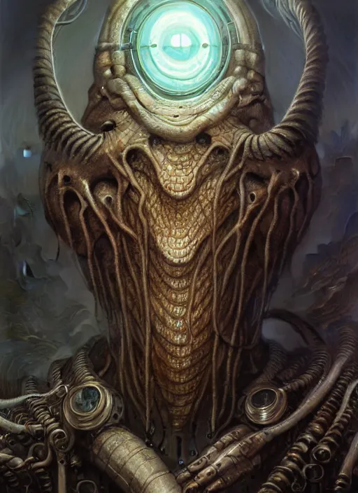 Image similar to closeup portrait shot of cthulu as a robot in a scenic dystopian environment, intricate, elegant, highly detailed, centered, digital painting, artstation, concept art, smooth, sharp focus, illustration, artgerm, tomasz alen kopera, peter mohrbacher, donato giancola, joseph christian leyendecker, wlop, boris vallejo