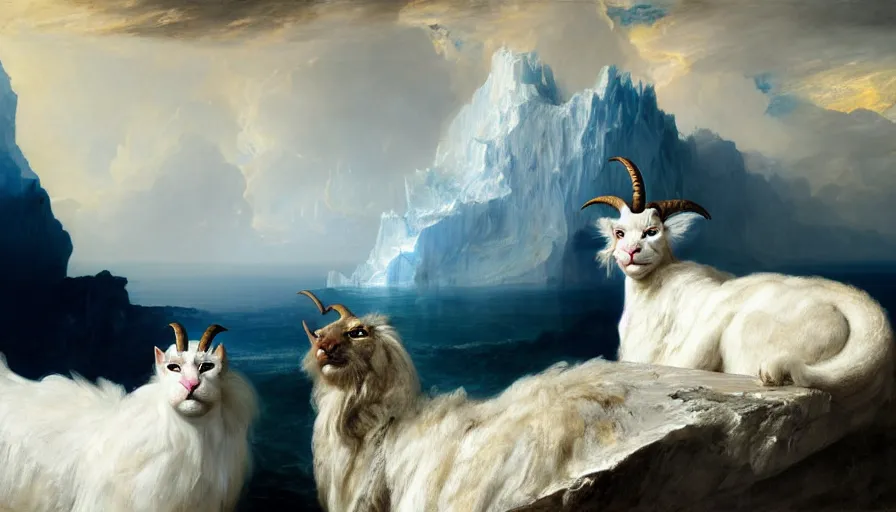 Image similar to highly detailed painting of white giant chimera goat cats with large feathered wings on a blue and white iceberg by william turner, by greg rutkowski, by william constable, thick brush strokes and visible paint layers, 4 k resolution