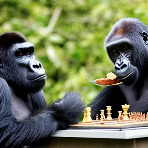 Image similar to A gorilla playing chess while eating pudding in a tree, On the television show Baywatch