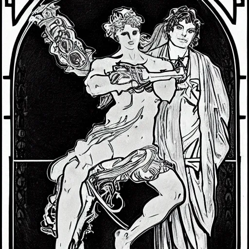 Image similar to prometheus creating humans in the style of alphonse mucha