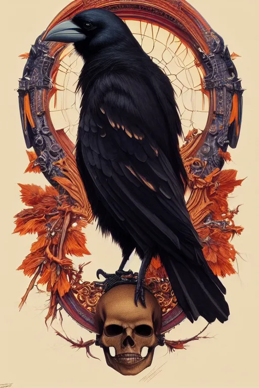 Prompt: painting of a crow sitting on a satanic skull, decorated, intricate, elegant, highly detailed, digital painting, artstation, concept art, smooth, sharp focus, illustration, art by artgerm and greg rutkowski and alphonse mucha, 8 k