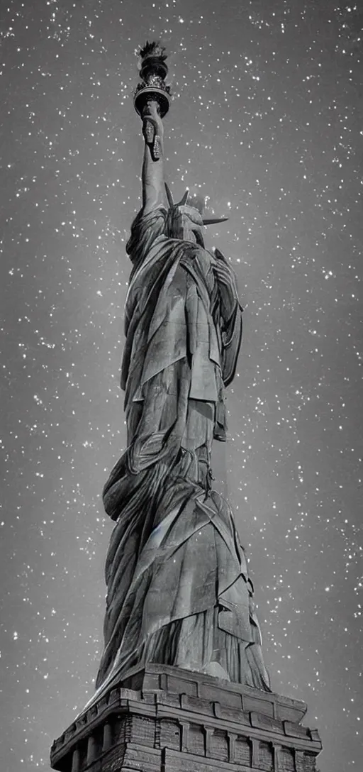 Image similar to the statue of liberty with huge cosmic horror emerging from its pedestal, body horror, dark, horror, creepy