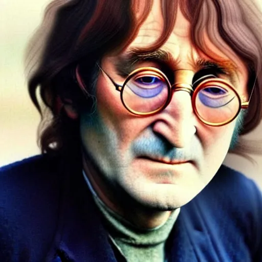 Image similar to A colored colorized real photograph of old John Lennon as an old man in his eighties with short hair in the 2010s, Old John Lennon, taken in the early 2020s, taken on a 2010s Camera, realistic, hyperrealistic, very realistic, very very realistic, highly detailed, very detailed, extremely detailed, detailed, digital art, trending on artstation, headshot and bodyshot, detailed face, very detailed face, very detailed face, real, real world, in real life, realism, HD Quality, 8k resolution, intricate details, colorized photograph, colorized photo, John Lennon as an old man with short hair, old, old man