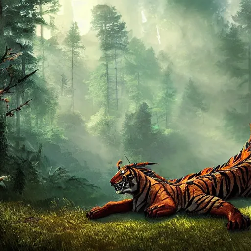 Image similar to a dragon and a tiger hybrid in the forest, dynamic lighting, photorealistic concept art, stunning visuals, creative, cinematic, ultra detailed, best detail