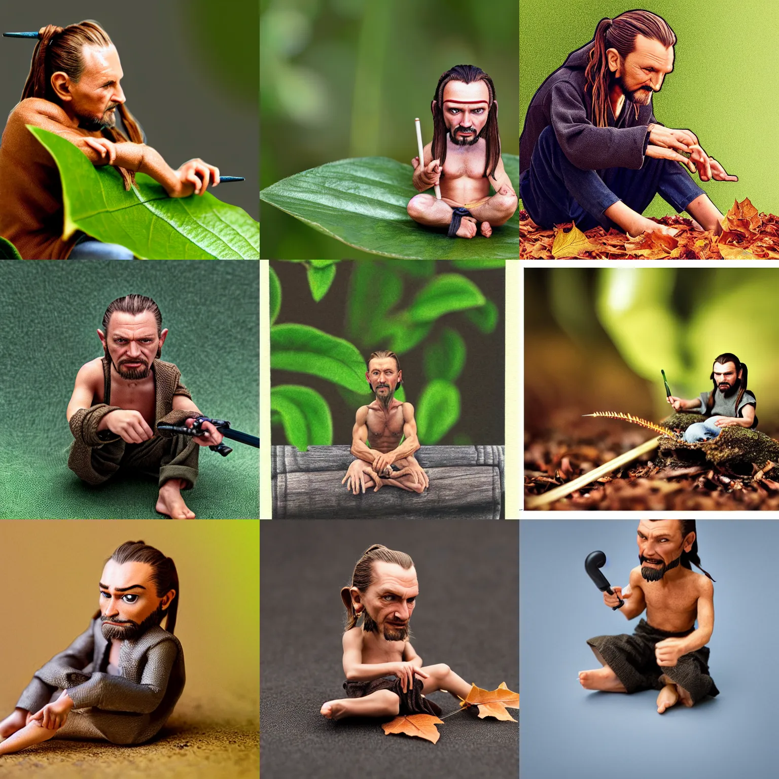 Prompt: Real live tiny Qui-Gon Jinn, human male, accurate proportions, sitting on a leaf, macro photography, illustration by Michael Sowa