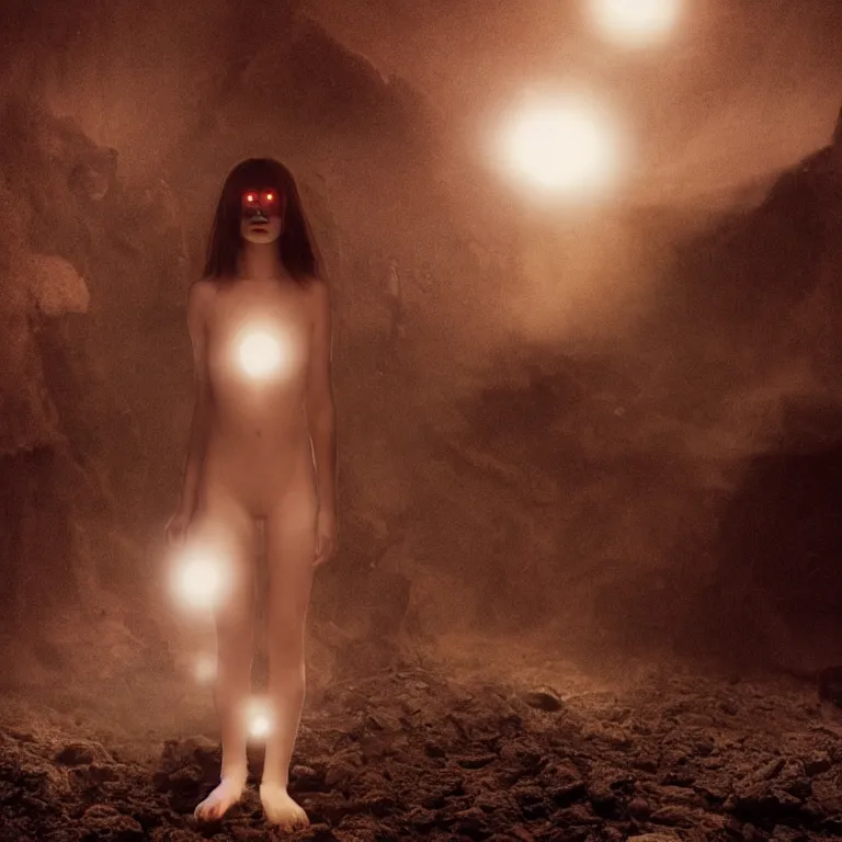 Image similar to The full body shot of beautiful pale woman with many eyes flowers and full-face golden mask inside a thick black smoke in rocky desert landscape, glowing eyes, falling star on the horizon, burning earth by Gaspar Noe and Christopher Doyle, anamorphic lens, anamorphic lens flares, kodakchrome, cinematic composition, practical effects, award winning photo, 8k