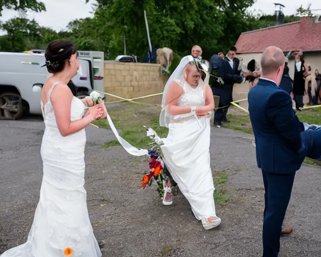 Image similar to a bride and groom get married at a crime scene, wedding photography