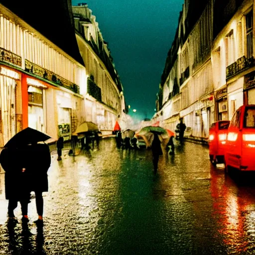 Image similar to street of paris photography, night, rain, mist, lovers holding hands, cinestill 8 0 0 t, in the style of william eggleston