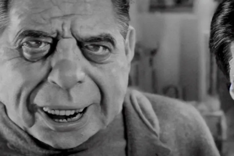 Image similar to a cinematic portrait of jerry lewis fusing with a mechanical monstrosity, hyperdetailed, fritz lang and shinya tsukamoto, 8 k, hd, high resolution, 8 5 mm, f / 1. 8