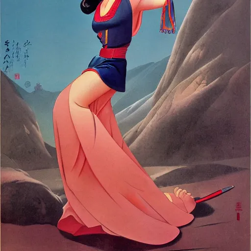 Image similar to full body portrait of mulan by gil elvgren