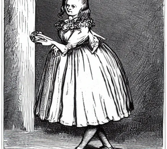 Image similar to Tenniel illustration portrait of Alice, walking in wonderland