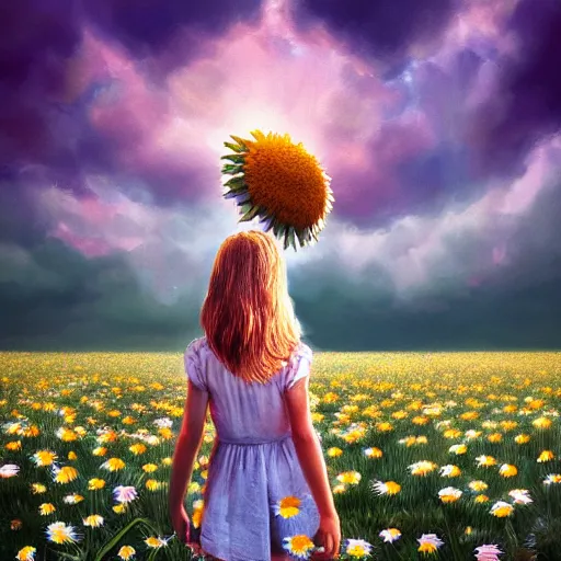 Image similar to head made of giant daisies, smiling girl standing barefoot in a vast flower field, arms outstretched, surreal photography, sunrise dramatic light, impressionist painting, colorful clouds, large sky, digital painting, artstation, simon stalenhag, flower face