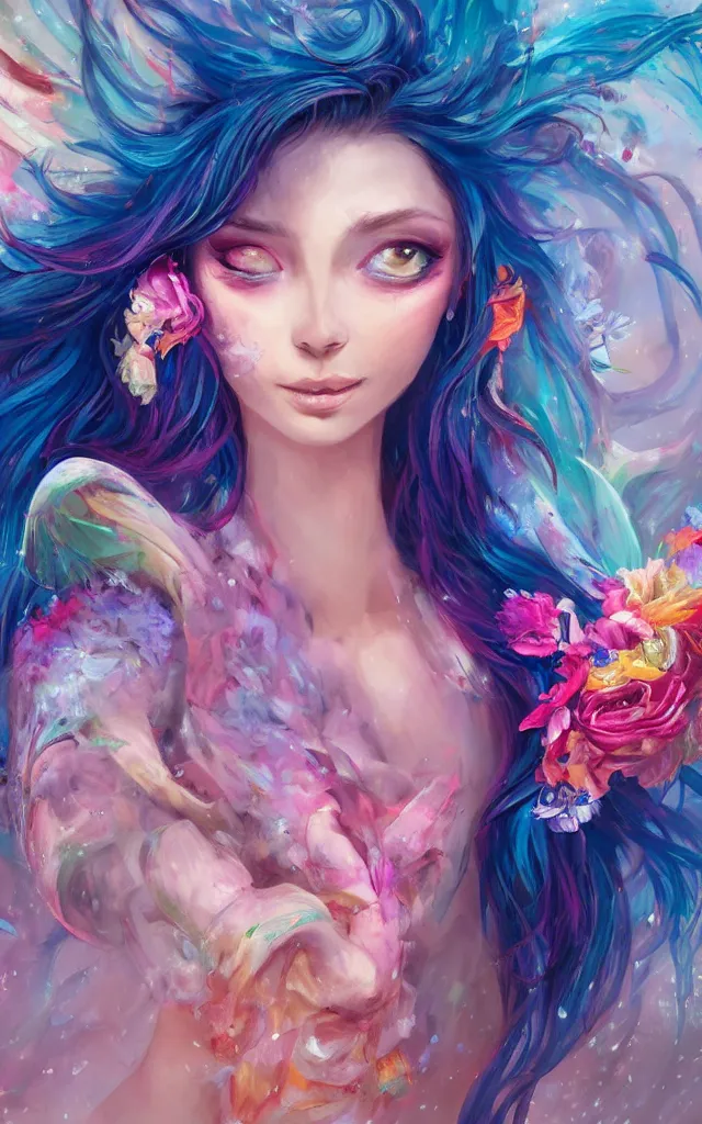 Image similar to a colorful and provenance portrait painting of angel with her hugeflowers wings spread out gracefully, highly saturated colors, teardrop eyes open, highly detailed, hair made of hair made of air wind and curling smoke, mist, dust, genie, flowers, flower, spirit fantasy concept art, art by charlie bowater and aenami, trending on artstation.