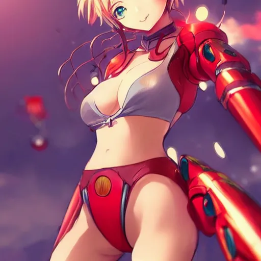 Image similar to digital anime art, wlop, rossdraws, sakimimichan, > > very small cute girl < < standing on a large table, red mech arms and red mech legs,