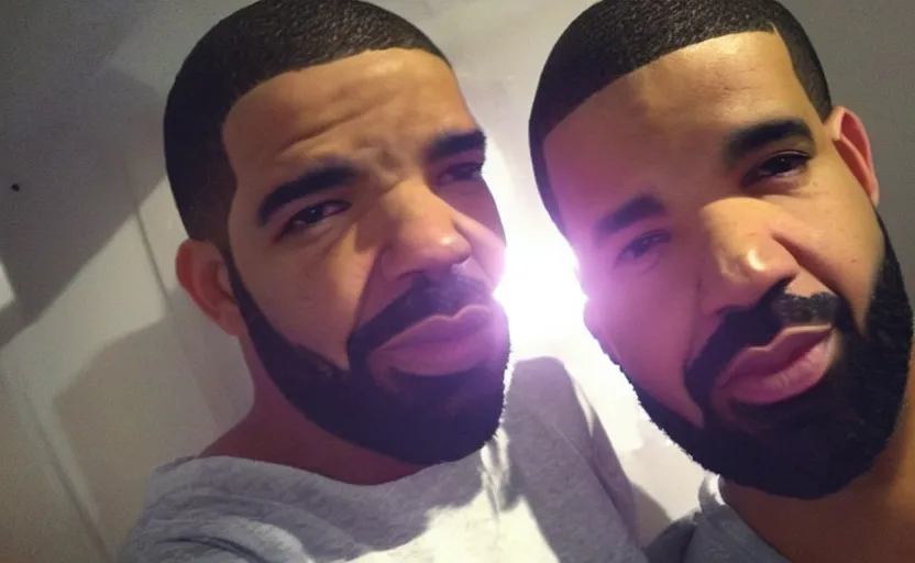 Image similar to my uncle that look like Drake if he was poor asf accidentally taking a selfie, front camera, camera flash is so bright in his face, viral, selfie, viral on twitter, viral on instagram, viral photo