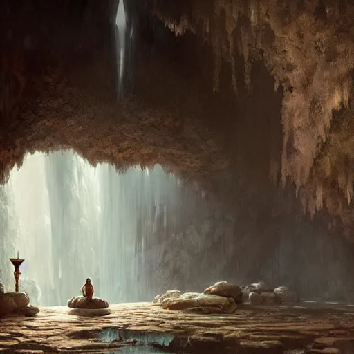 Image similar to cozy, empty bathhouse hidden in a cave, intimate candlelight, towels, cushions, natural light, lush plants and flowers, (((((((no people))))))))), elegant, smooth cave rock, fantasy, atmospheric lighting, digital painting, Greg Rutkowski concept art
