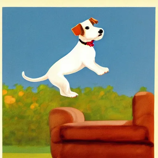 Image similar to a parson russell terrier jumping onto furniture, children's illustration